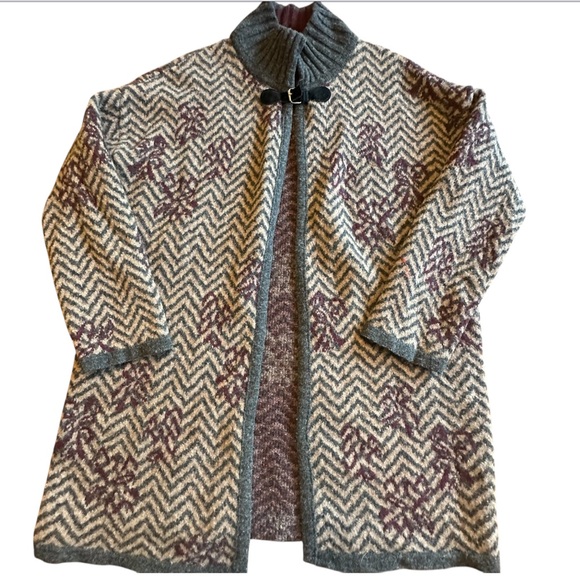 A. IDA Italian Wool Blend Open Midi Cardigan Sweater Coatigan Gray Chevron Sz L - Picture 1 of 4